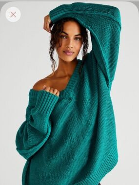 Free People Teal Green Oversized Alli V-Neck Knit Sweater